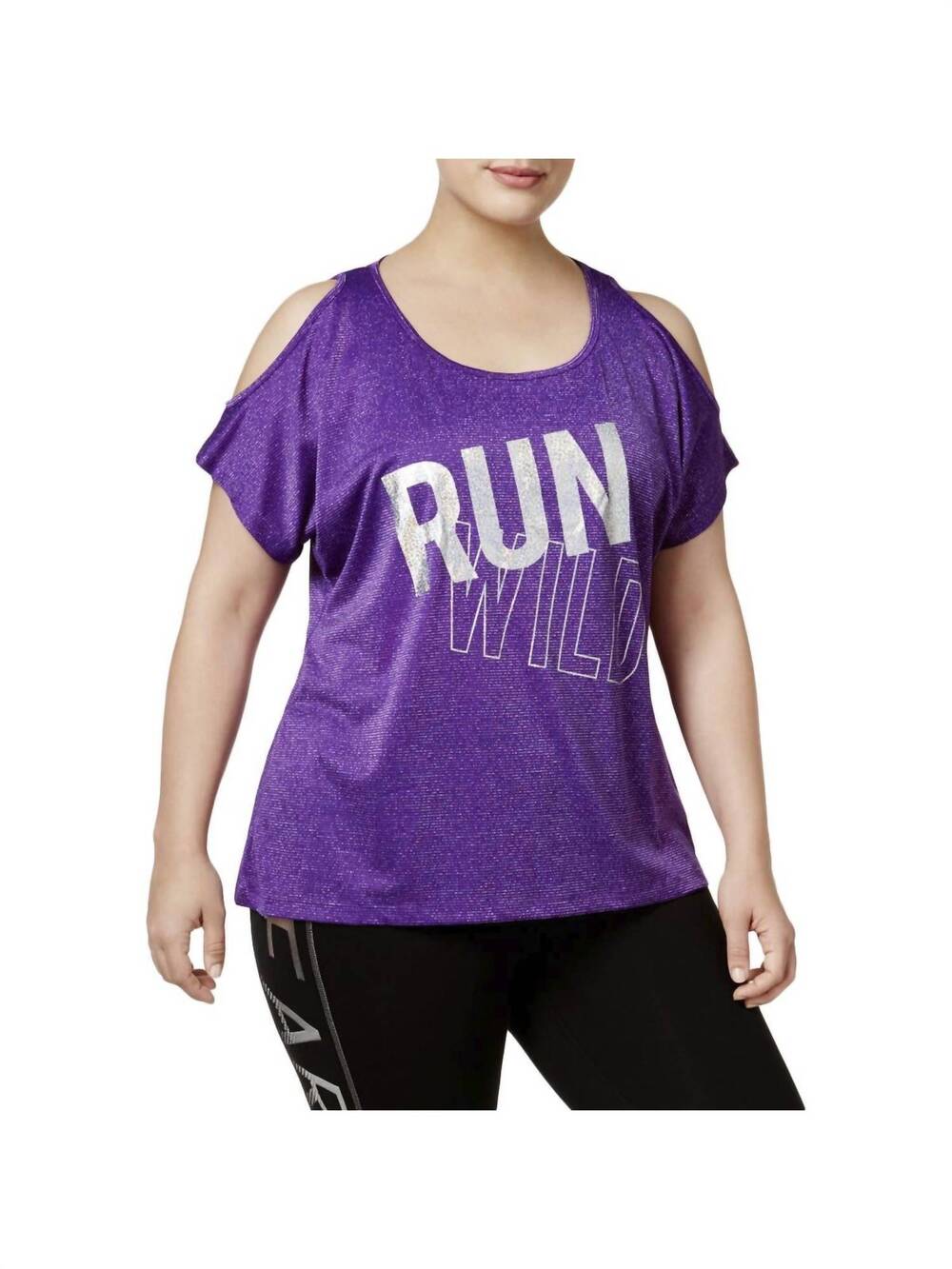 NEW MATERIAL GIRL women's activewear plus metallic slogan pullover t-shirt in pu